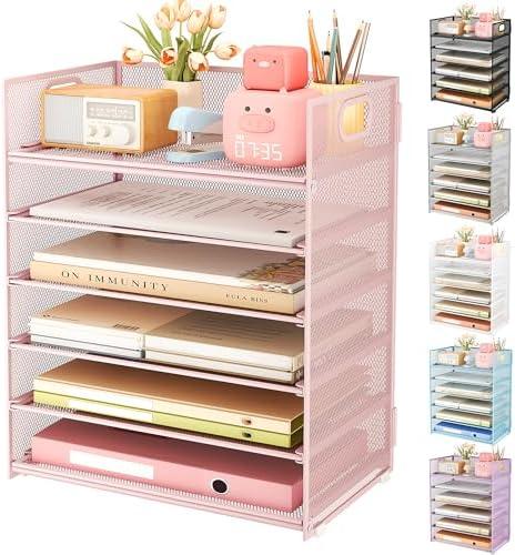 Subekyu 6 Tier Office File Paper Desk Tray Organizer with Handle, Stackable Slide Mesh Letter Tray Folder Pink Desk Organizer, Desktop Document Sorter for Classroom, Office, Home Supplies Storage