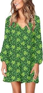 Roshop St Patricks Day Dress Women Bell Sleeve V Neck Cute Lucky Green Clover Irish Shamrock Holiday Dresses (Small, Lucky Green)