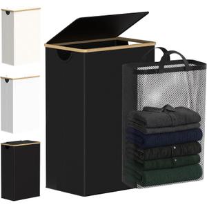 efluky Slim Laundry Basket with Lid, Narrow Laundry Hamper with Removable Bag, Skinny Dirty Clothes Basket with Bamboo Handles for Bathroom, Bedroom & Laundry Room, 90L Black