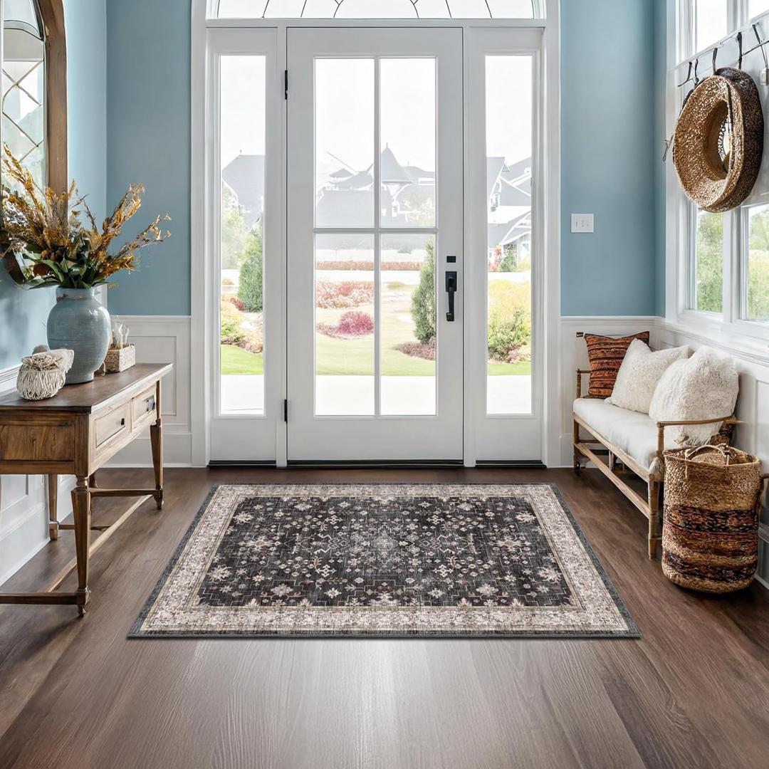 Black Boho Washable Entry Rug, 3x4 Rugs for Entryway Kitchen Bathroom Door Mat Indoor Entrance, Non Slip Rubber Backing, Stain & Fade Resistant, Ashen Charcoal Floral Design