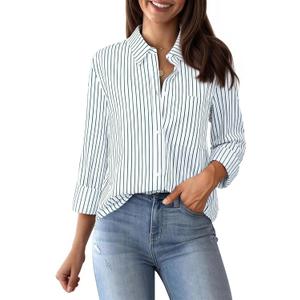 Striped Button Down Shirts for Women Cotton Dress Shirts Long Sleeve Collared Blouses Work Business Casual Tops