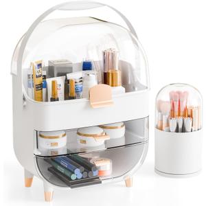 Yieach Makeup Skincare Organizer for Face Care Beauty Product,and Countertop Makeup Organizer with Cover,Make up Brush Holder,Large Capacity Cosmetic Storage Box & Caddy for Bathroom,Dresser,White