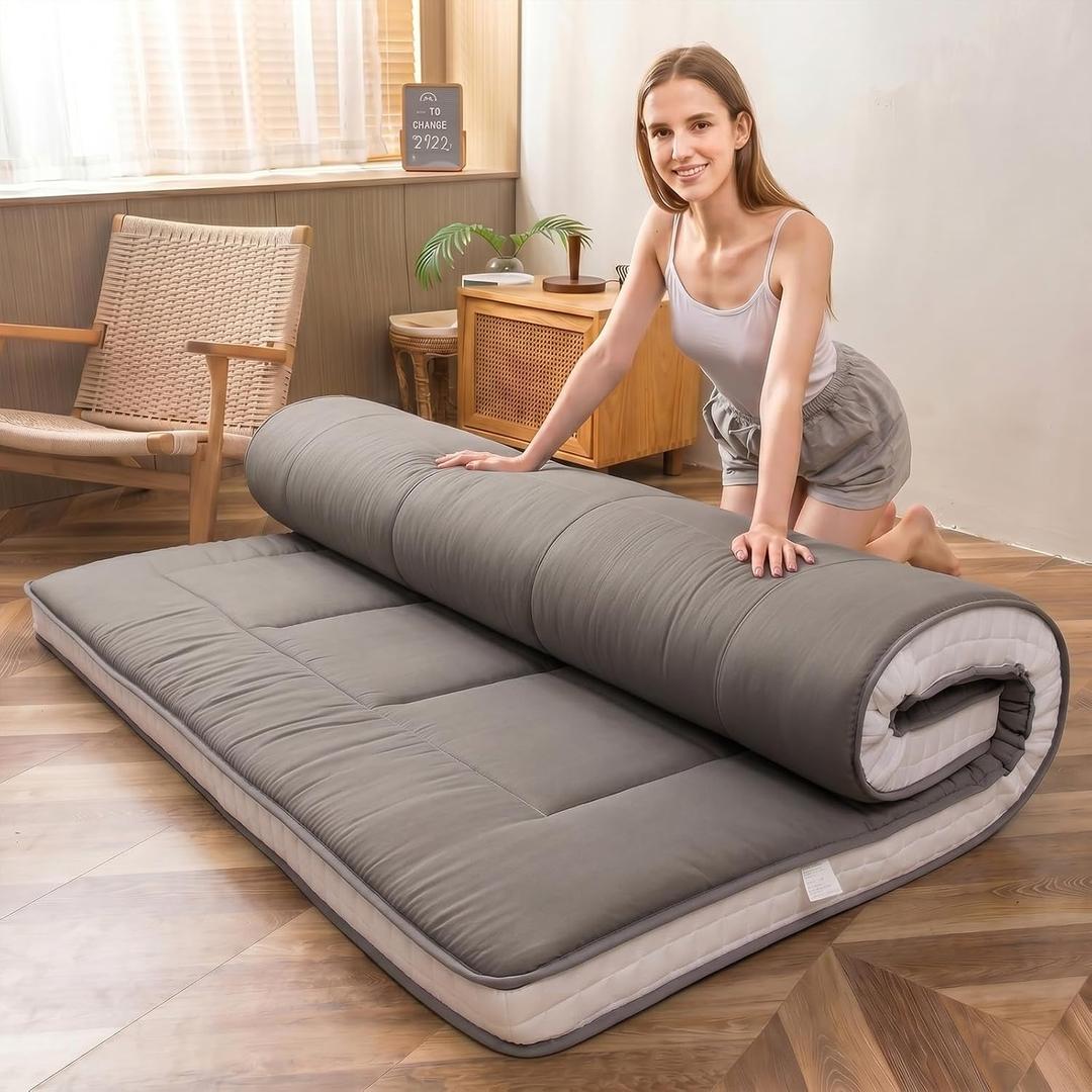 MAXYOYO King Futon Mattress Foam Mattress Topper, Japanese Floor Mattress Foldable Mattress Futon Mattress Pad Guest Mattress, Extra Thick Folding Floor Couch for Adults, Dark Grey King Size
