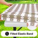 Rectangle Vinyl Table Cloth, Waterproof Elastic Fitted Tablecloth with Flannel Backing, Plastic Table Cover for Picnic, Camping, Outdoor (Khaki & White, 30"x72")