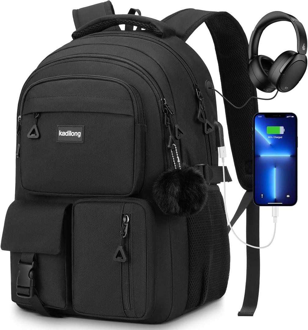 kadilong Cute School Backpack for Women,Bookbag Middle High School Bags Teen Girls,Knapsack Back Pack Stuff for College Student,Black (15,6 inch)