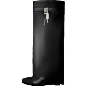 Arqa Fold Over Knee High Boots for Women Covered Wedge Heel Padlock Boot Almond Toe Wide Calf Pull-on Fashion Boots Party Shoes (10, Black)