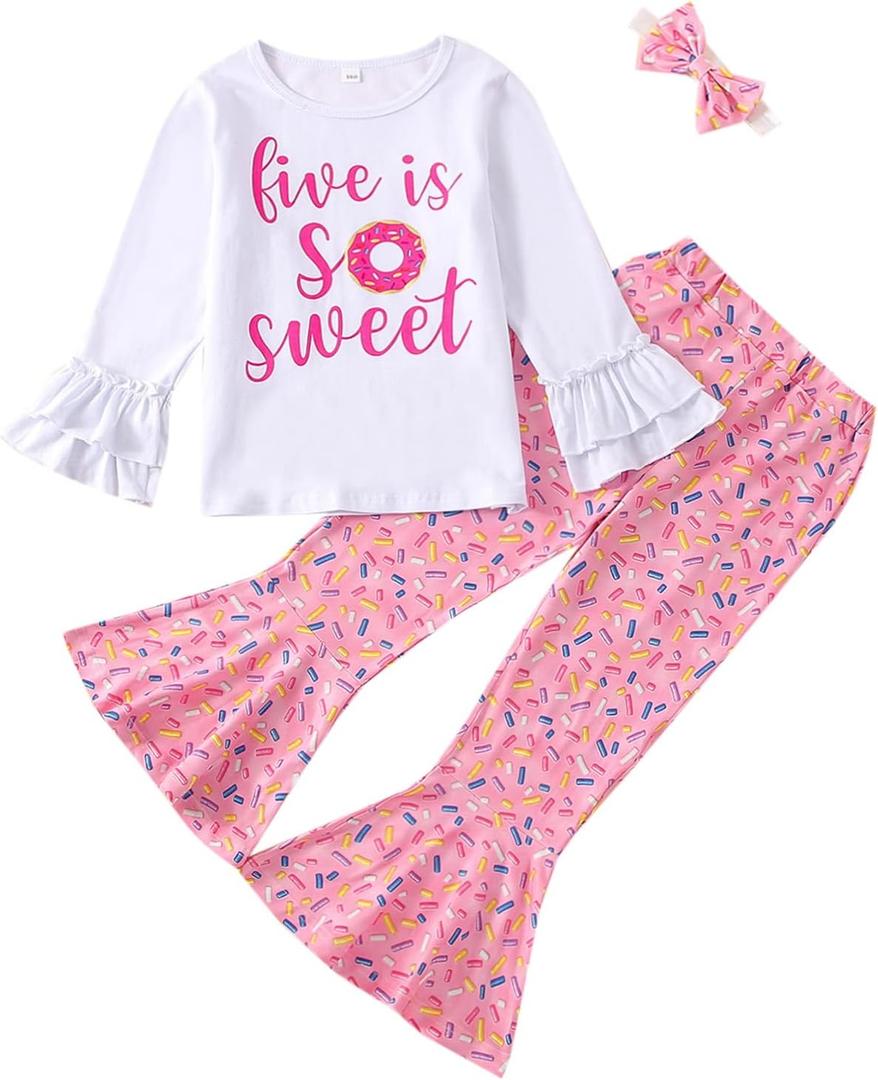 Toddler Baby Girl Birthday Outfit Sweet Long Sleeve T-Shirt Doughnut Bell-Bottoms Pants Headband Clothes Set