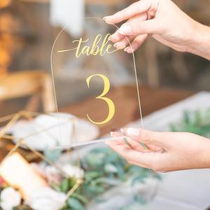 Clear Arch Acrylic Table Numbers for Wedding Reception - 5" x 7" Gold Font Centerpiece Set with Holder Stands & Head Table Sign - Anniversary, Event, Party