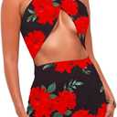 BYDIVA Women Sexy Club Halter Criss Cross Hollow Out Ruched Sleeveless Mini Bodycon Dresses (Small, Rose Floral)