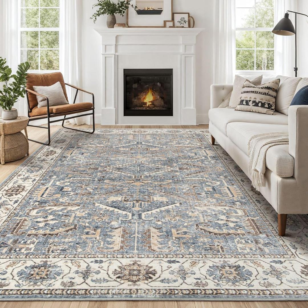 Area Rugs 9x12 for Living Room - Washable Soft Large Vintage Rug Non-Slip Stain Resistant Traditional Stain Resistant Indoor Floor Low Pile Carpet for Bedroom Dining Room or Home Office - Blue Multi