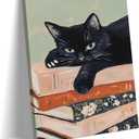 Framed Black Cat Canvas Wall Art, Funny Cat lying on a pile of books Painting, Abstract Animal Posters Prints Wall Decor for Living Room Bathroom Gallery Dining Room Decor 16x24 inch
