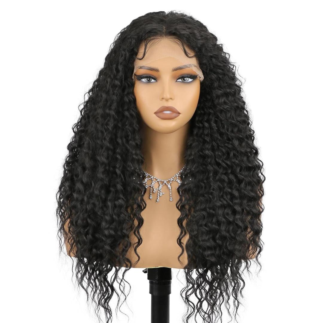 Black Synthetic Lace Front Wig for Women 24 Inch Long Curly Wavy 13X4 HD Lace Front with Baby Hair Natural Preplucked Hairline for Daily Party Use