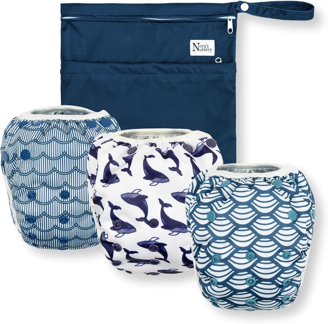 Nora's Nursery Reusable Swim Diapers and Wet Bag - One Size Fully Adjustable - Big Splash Unisex 3 Pack with Wet Bag