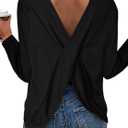LilyCoco Women's Criss Cross Back Long Sleeve T Shirt Crewneck Open Back Tee Shirt Black X-Large (Black)