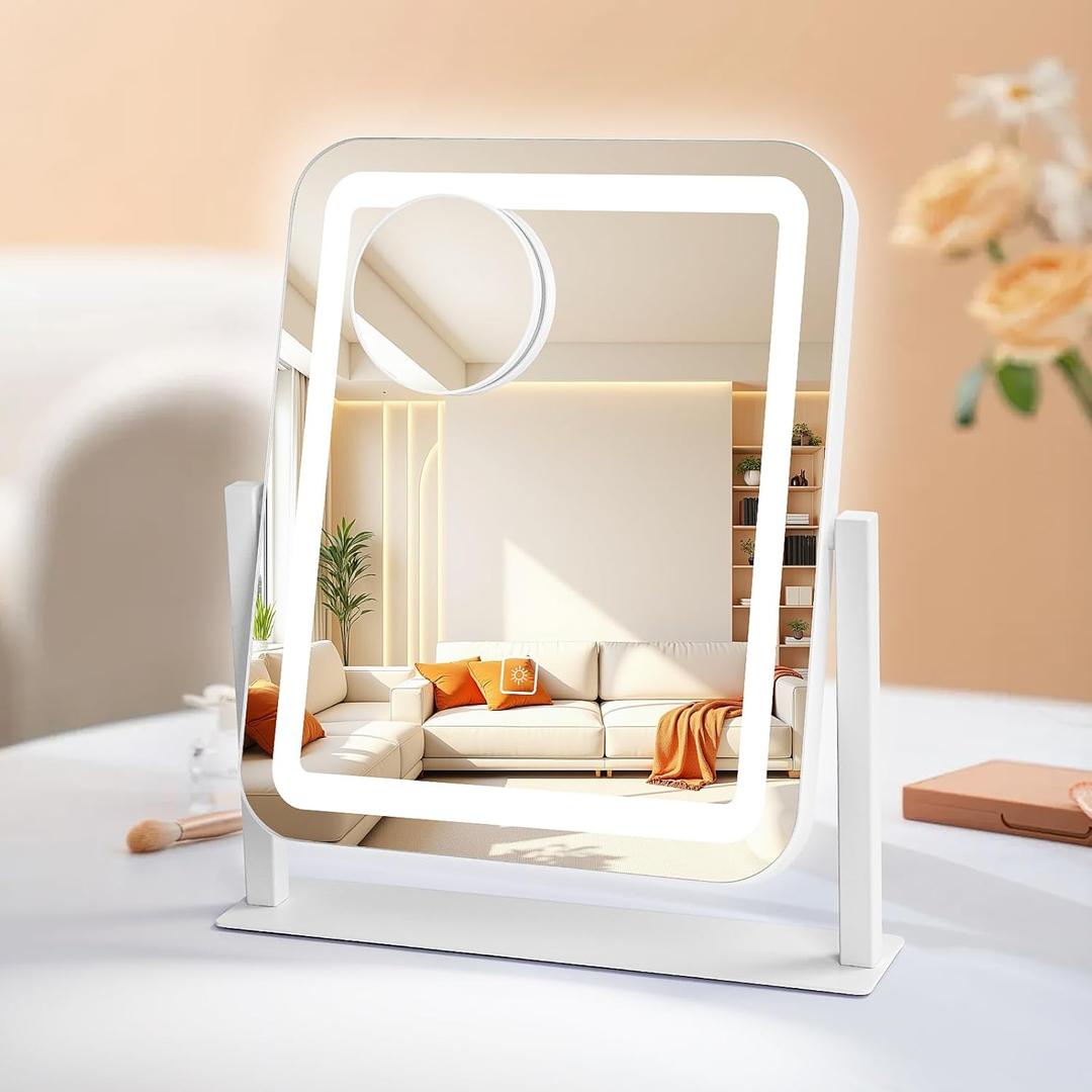 Vanity Mirror with Lights, 14.8x12.6 Inch White LED Makeup Mirror, 3-Color Dimmable LED Smart Touch Screen, 5X Magnification & 360 Rotation, Large Tabletop Makeup Mirror for Bedroom