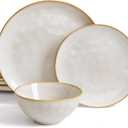 Famiware Dinnerware Sets for 4, Ocean Round 12-Piece Kitchen Plates and Bowls Sets, Reactive Glaze, Microwave and Dishwasher Safe, Scratch Resistant, Cappuccino White