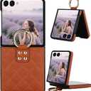 Ephoou for Samsung Galaxy Z Flip7 Case with Ring Holder, Durable Soft Rhomboid PU Leather Cover with Hinge Protection Anti-Scratch Shockproof Slim Case for Samsung Z Flip 7 ZXF-Brown