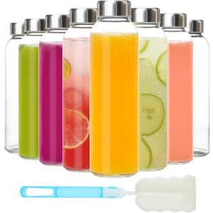 KEYWING 8Pack Glass Juice Bottles with Lids, 18oz Clear Juicing Bottle with Reusable Glass, Leak Proof Water Bottles with Airtight Stainless Steel Cap for Juice, Beverage, Smoothies, Tea, Coffee