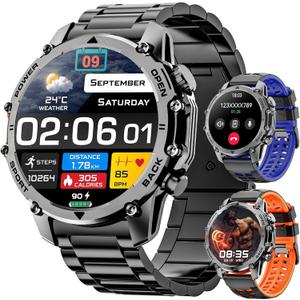 Hwagol Smart Watches for Men (Call/Notification),1.52'' Military Smart Watch, Two Style Kits,Flashlight,100+Sport Modes/Heart Rate/Sleep Monitor/Pedometer (Black)