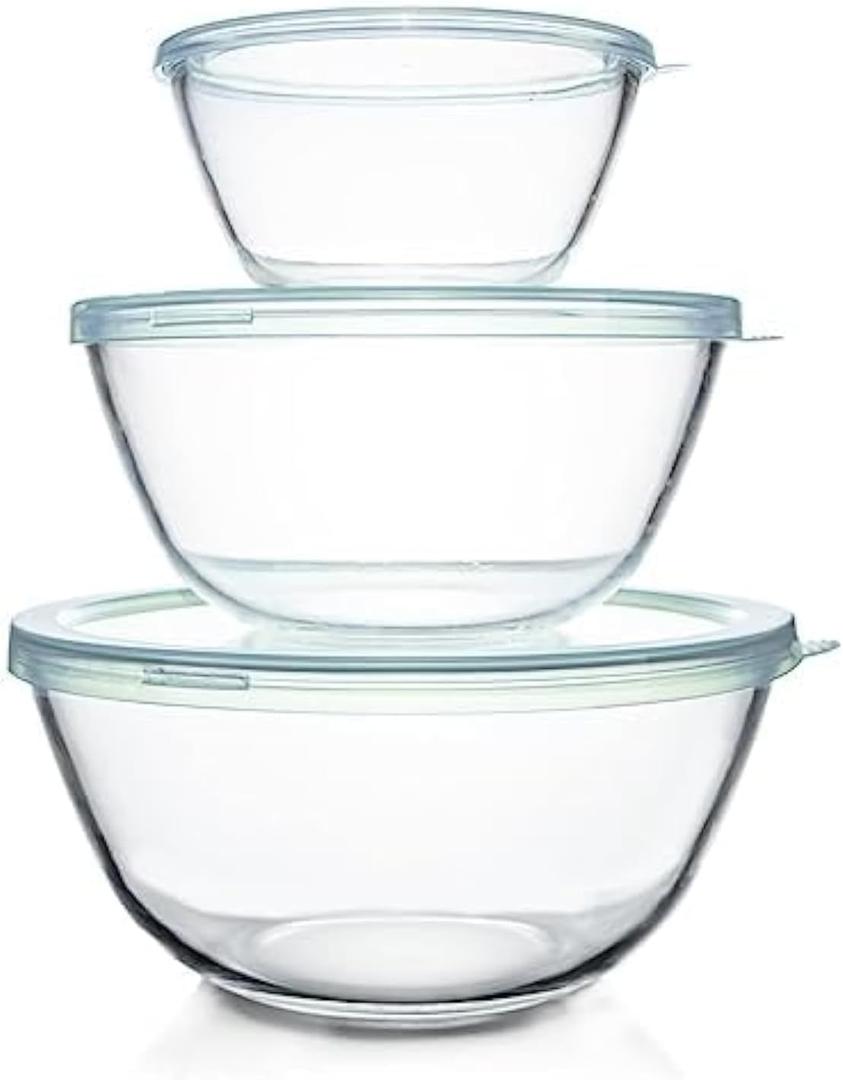 Luvan Glass Mixing Bowls with Lids Set(4.5QT, 2.7QT, 1.1QT)-Large Glass Mixing Bowls, Clear Salad Bowl for Baking, Cooking, Serving, Food Prep, 3PC Nesting Bowls for Kitchen Storage & Dishwasher Safe
