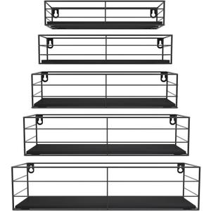 CRUGLA Floating Shelves Wall Mounted Set of 5, Black Hanging Storage Wall Shelf for Bathroom, Kitchen, Bedroom, Living Room Home Decor