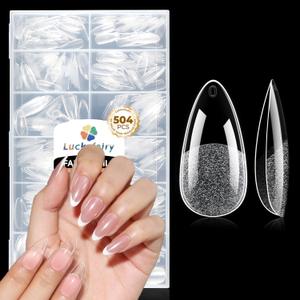 Luckyfairy Medium Almond Nail Tips, 504pcs Soft Gel Pre-Filed Acrylic Almond Fake Nails, Half Matte Full Cover Clear Press on Flase Nail Tips for Nail Extension Home DIY 12 Sizes