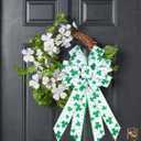 2 x BUVANE St. Patrick's Day Wreath Bow,12 x 20 Inches Large Green Shamrock Irish Holiday Decoration Bow with Streamer Wired Edge Ribbon (White)