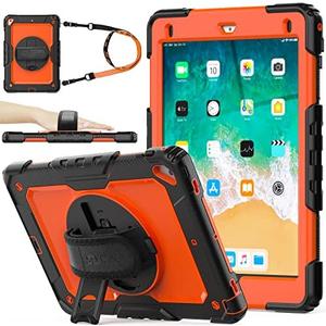 SEYMAC stock Case for iPad 6th / 5th Generation Case/Air 2 / Pro 9.7 inch, Heavy Duty Protective with Screen Protector, with Pencil Holder, Hand Strap, Shoulder Strap, 360 Rotate Stand, Orange+Black