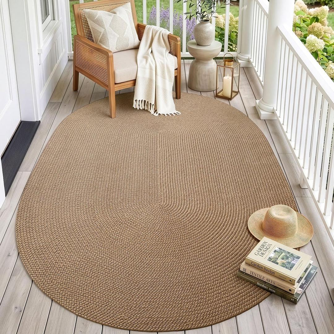 DEXI Oval Easy Jute Rug 5x8, Braided Woven Rustic Rugs No Shed, Neutral Area Carpet Mat for Outdoor Patio Dining Living Room Farmhouse, Tan Brown
