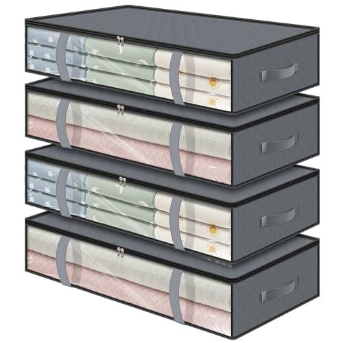 LANDNEOO 4 Pack 90L Under Bed Storage Containers - Underbed Storage for Clothes, Blankets - Closet Organizers and Storage Bags - Under the Bed Storage Bins with Handles & Clear Front