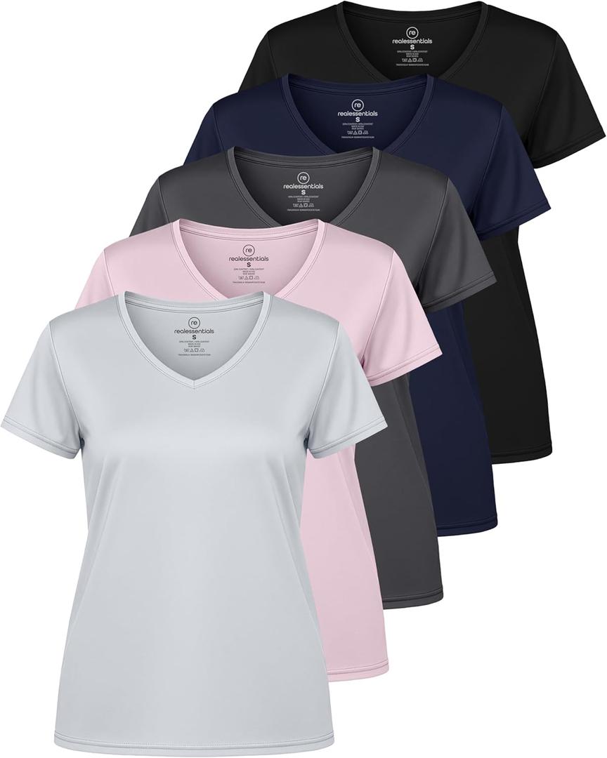 Real Essentials 5 Pack: Women's Dry-Fit Short Sleeve V Neck T Shirt Workout Fitness Yoga Top Tee (Medium)