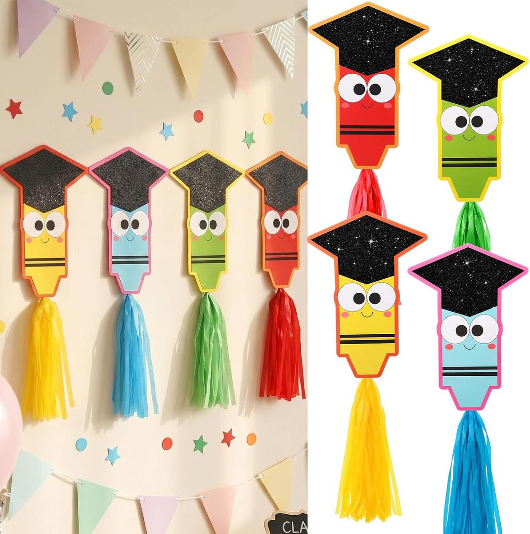 MiniInflat 12 Pcs Preschool Kindergarten Graduation Decorations 2026 Classroom Bulletin Board Wall Window Decor, Paper Cutout with Fringe and Double-sided Tape, School Party Favor(Crayon)