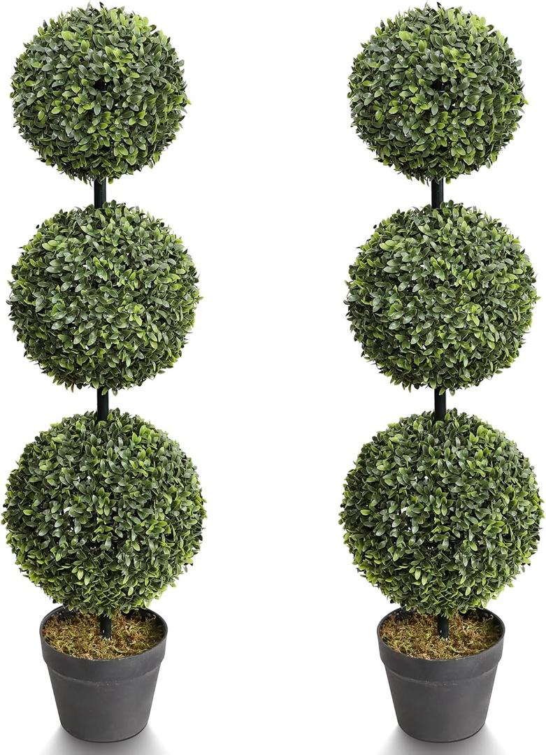 momoplant 37 Inch Artificial Topiary Ball Tree, Fake Topiaries Triple Ball Trees, Faux Boxwood Ball Plants Potted for Indoor/Outdoor Decor (Set of 2)