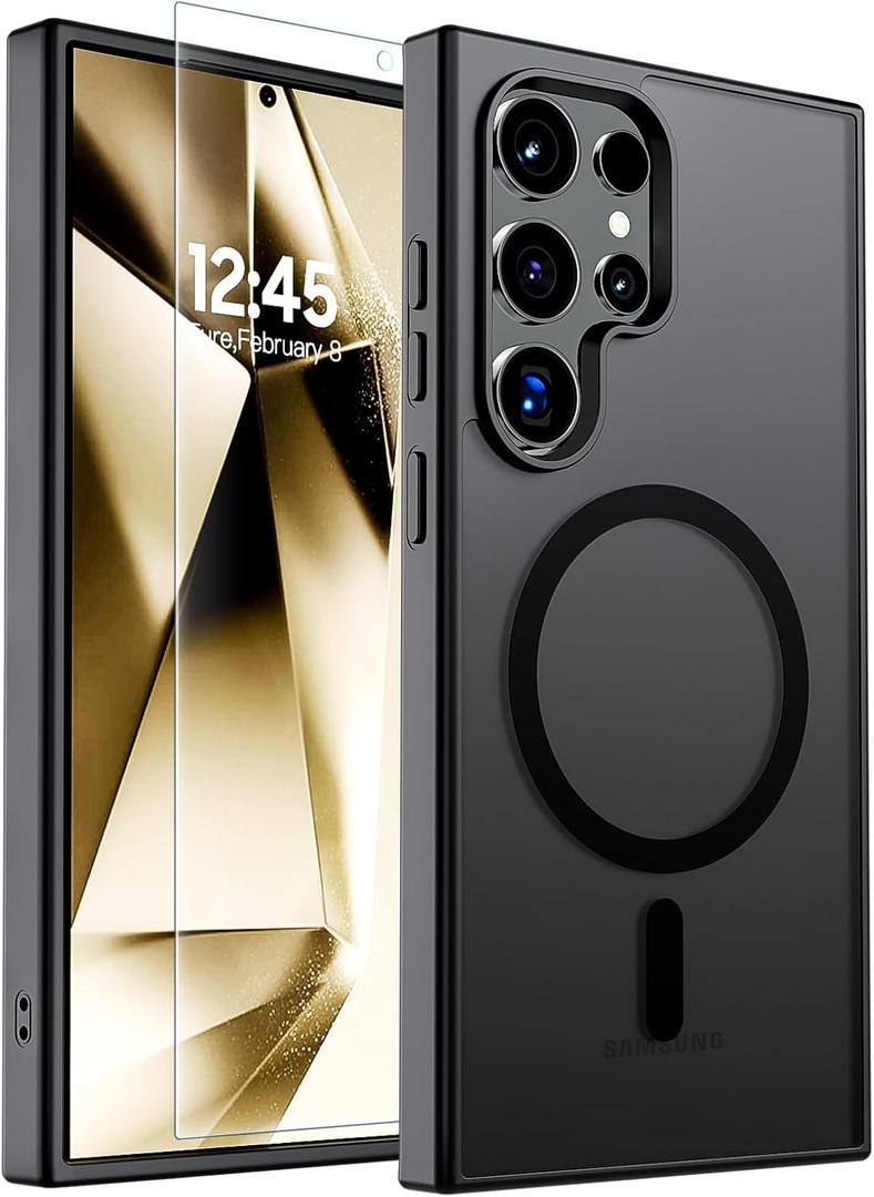 SUPFINE Magnetic for Samsung Galaxy S24 Ultra Case with Screen Protector, (Built-in Magnets) (Military Grade Drop Protection) Slim Translucent Shockproof Phone Case,Black