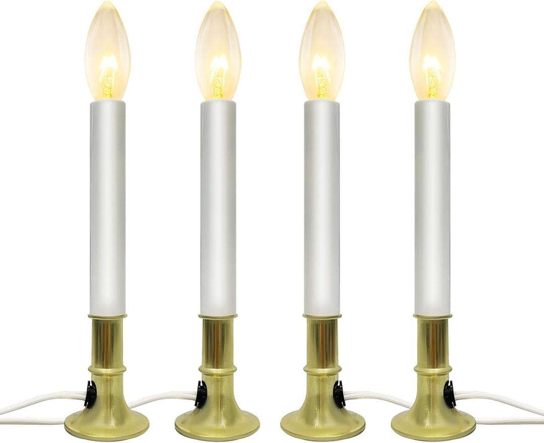 4 Pack Christmas Electric Window Candles with Dusk-to-Dawn Auto Sensor, Turns On in Dark, Off in Light, Plug in Electric Candle for Christmas Window Home Table Decor, 7W C26 Clear Bulb, Gold Base