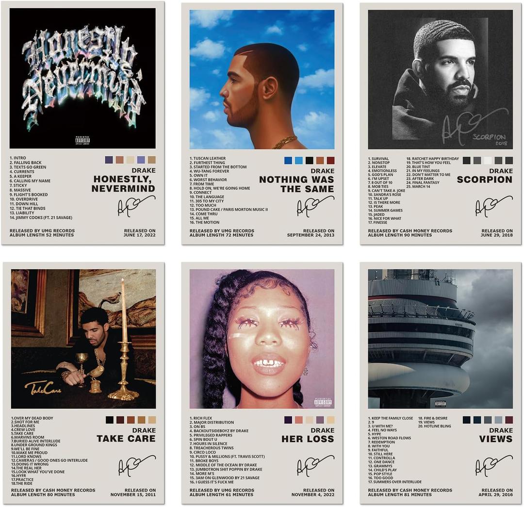 Lidy Set of 6 Drake Poster Music Album Cover Posters Set Merch Wall Art Decor Canvas Poster Gifts 8x12 inch (20x30cm, Unframed)