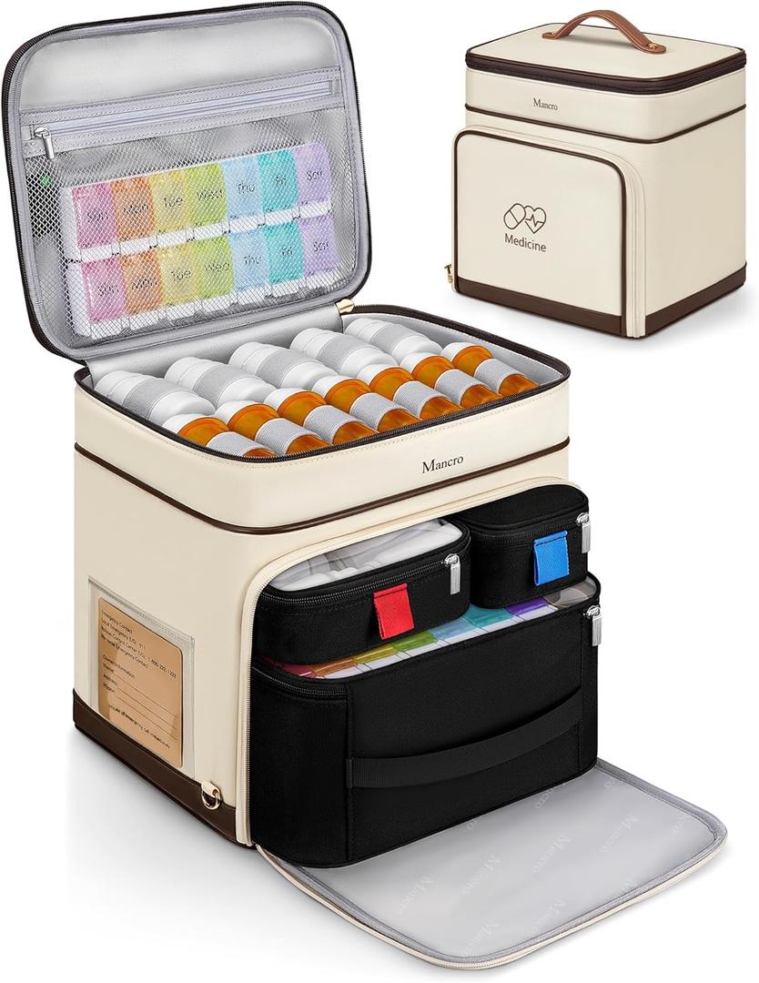 Mancro Medicine Organizer Bag, Large 2-Layer Medicine Storage Box with 3 Separate Cases Including Pill Bottle Organizer, Small Medicine Bag, and Insulated Insulin Pouch (Empty), for Family & Travel (Beige)