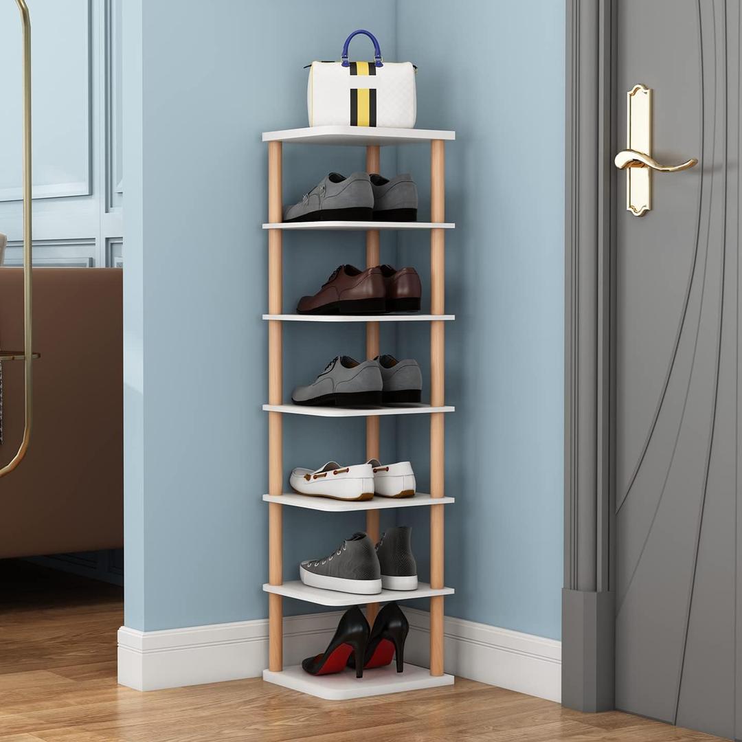LUCKNOCK 7 Tiers Vertical Shoe Rack, Narrow Shoe Organizer, Stylish Wooden Shoe Storage Stand, Space Saving Shoe Shelf, Shoe Tower, Free Standing Shoe Racks for Entryway, No-Tool Assembly, White