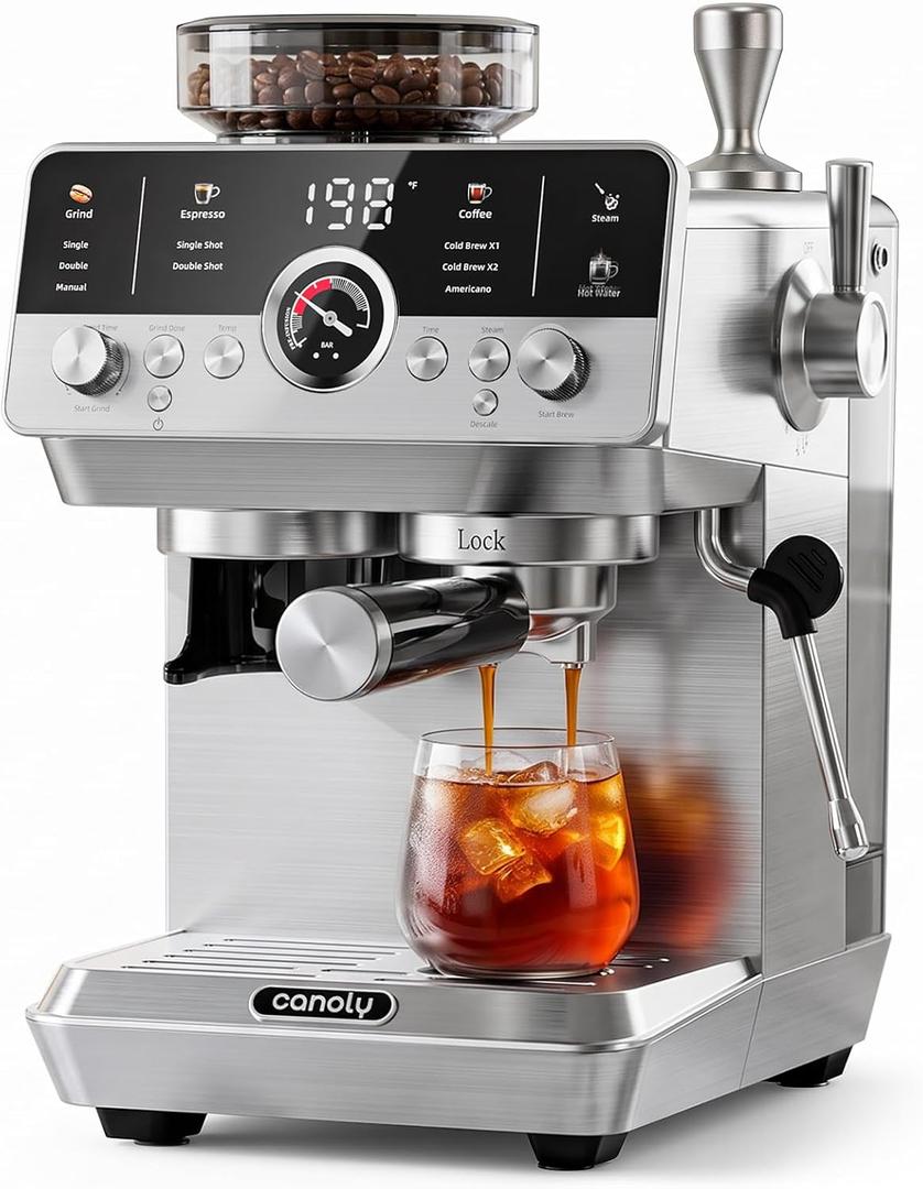 Canoly Fast Cold Brew Espresso Machine with Grinder, Capsule Handle, Silver