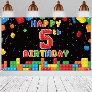 Panelee Building Block Birthday Banner Building Blocks Party Backdrop Decoration Happy Birthday Banner Photography Background for Party, 72.8 x 43.3 Inch(Black,5th)
