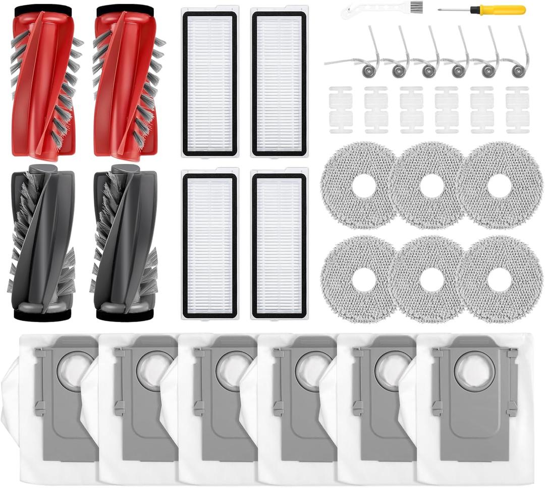 34 PCS Qrevo S5V Replacement Accessories Compatible with Roborock Qrevo Curv/S5X/Edge/Edge S5A/Qrevo S5V Robot Vacuum, 2 Mainbrush, 6 Scent Tablets,4 HEPA Filters, 6 Dust Bags,6 Mop Pads, 6 Side Brush