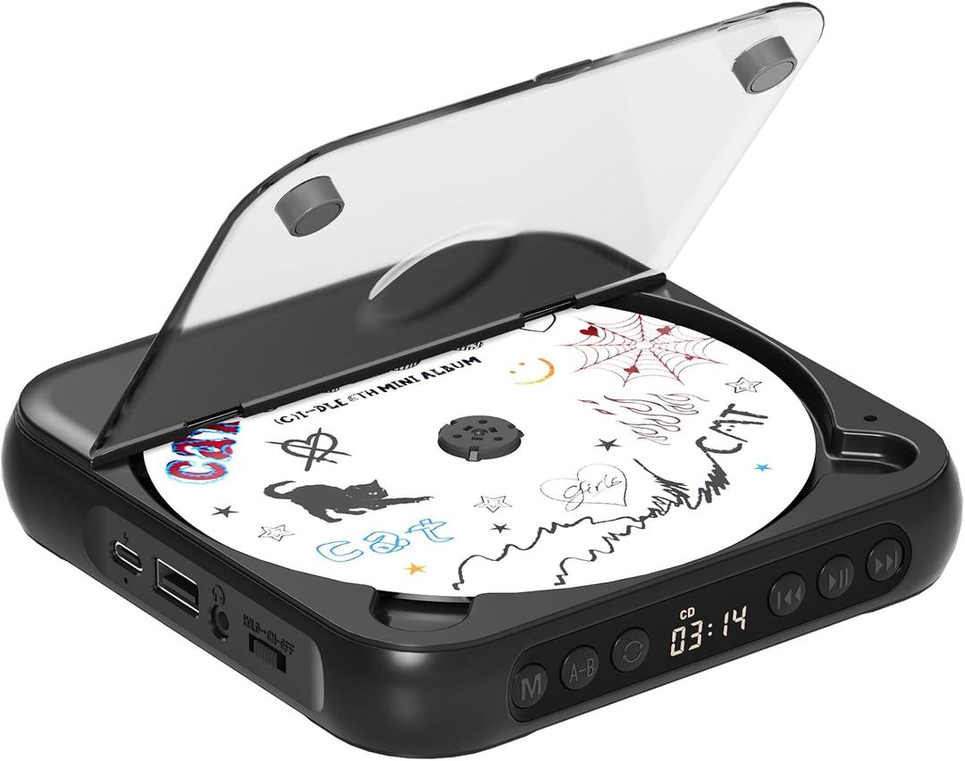 ENVYCLOUD CD Player Portable with Dual Stereo Speakers, Rechargeable Portable Player with Bluetooth for Home with Headphones, Support CD/AUX/USB,Black