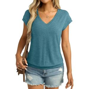 Micticsi Womens V Neck Cap Sleeve T Shirts Banded Bottom Top Loose Fit Short Sleeves Tee Casual Summer Basic Tops 2025 Aqua Blue, Small