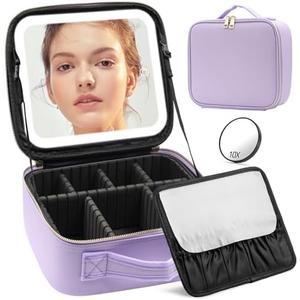 Jadazror Travel Makeup Bag with Lighted Mirror, Makeup Organizer Bag with 3 Color Modes Adjustable Brightness, Makeup Bag with Mirror and Lights Portable Cosmetic Bag Tools Accessories Gift (Purple)
