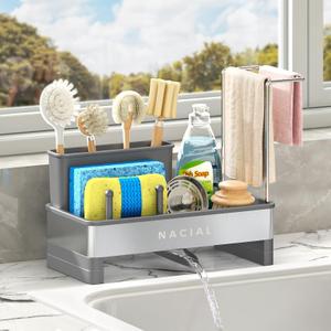 Nacial Sponge Holder for Kitchen Sink, Sink Caddy Organizer with High Brush Holder, Two Towel Racks & Soap Dispenser- Rustproof 304 Stainless Steel Kitchen Countertop Storage Essentials - Gris Nacial Sponge Holder for Kitchen Sink, Sink Caddy Organizer with High Brush Holder, Two Towel Racks & Soap Dispenser- Rustproof 304 Stainless Steel Kitchen Countertop Storage Essentials - Gris