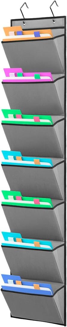Wall Mounted File Holder Over Door Hanging Mail Organizer Document Storage Bag for Papers Magazines and Books (7 POCKETS-GREY)