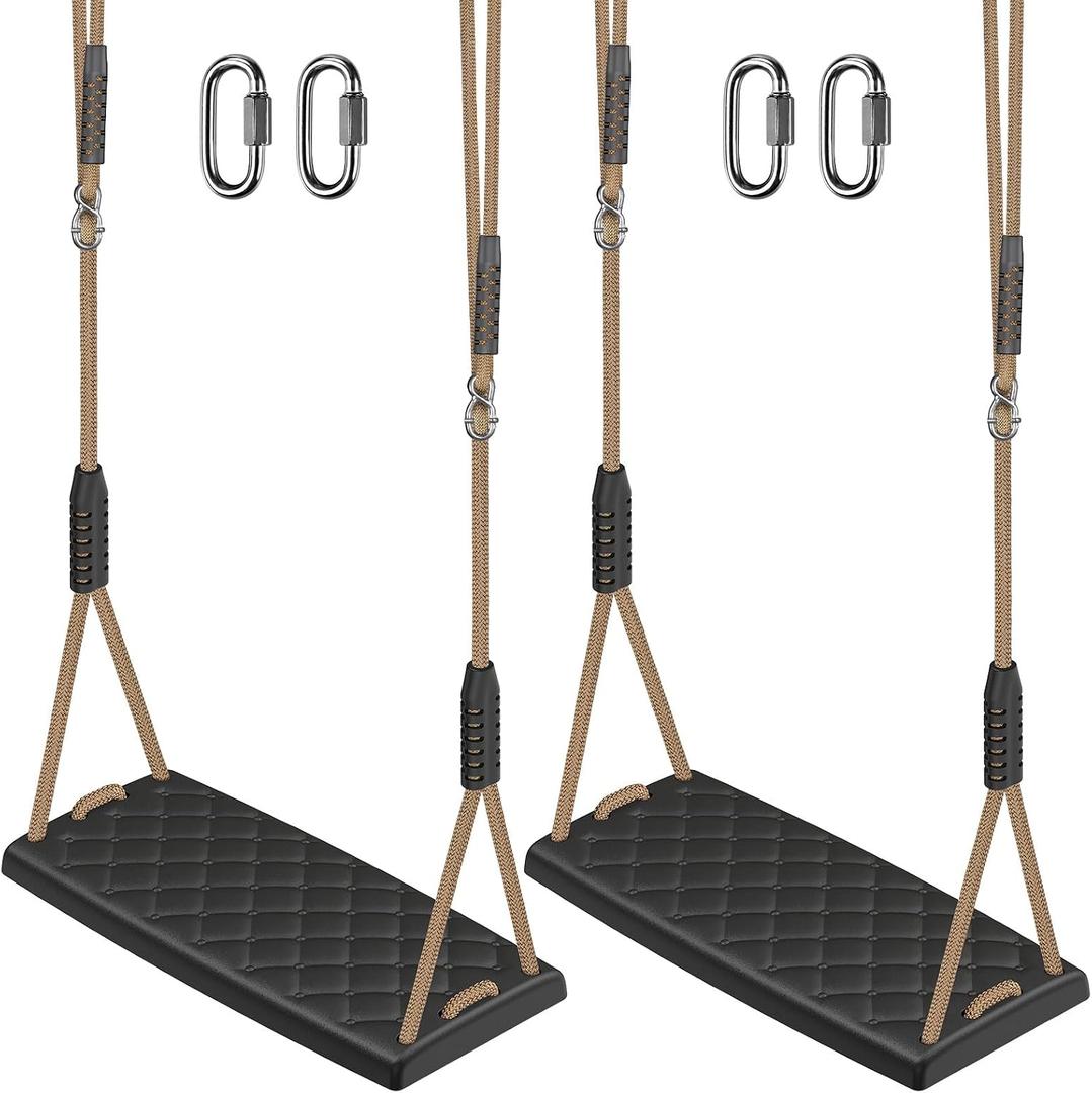 SELEWARE Heavy Duty Swing Seat with Adjustable Rope, 2 Pack Non-Slip Plastic Tree Swing for Kids, Playground Swing Set Accessories Replacement with Snap Hooks for Indoor Outdoor Use (Black)