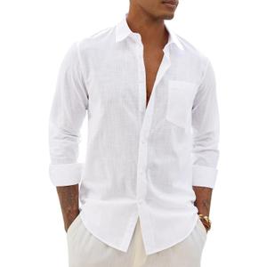 Alimens & Gentle Mens Cotton Linen Textured Shirt Long Sleeve Button Down Shirts Casual Summer Beach Wedding Tops with Pocket (XX-Large, White)