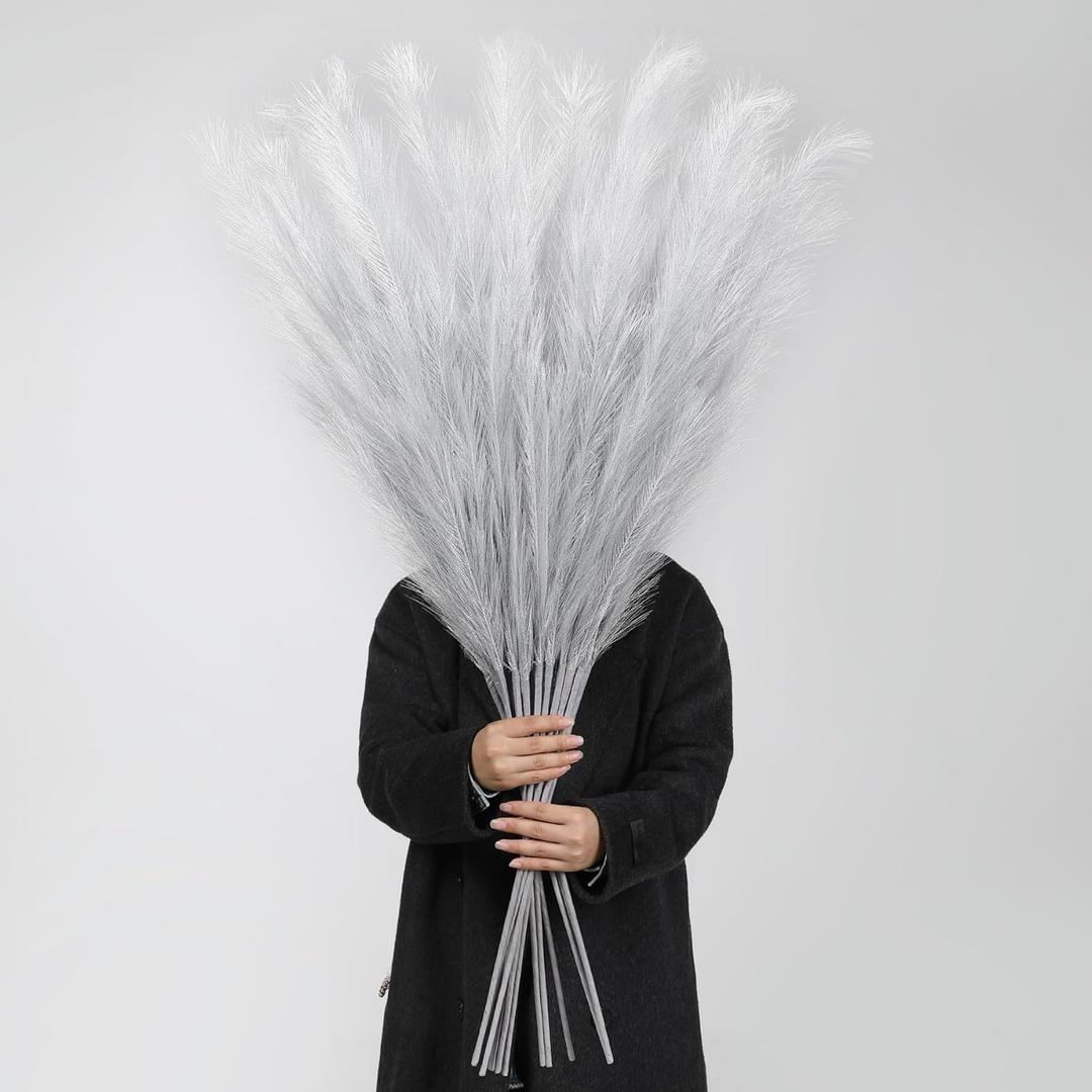 Wertuirk Silver Pampas Grass Decor, 8 Pcs 45 Inch Tall Large Faux Pompous Grass, Long Artificial Flowers for Floor Vases, Wedding Centerpieces, Baby Shower and Home Decoration (Silver)