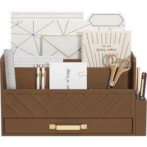 WISUCART Bamboo Desk Organizer Mail Holder Countertop Wood Desk Drawer Tabletop Storage Box Pen Holder Letter Sorter Makeup Organizer for School Home Office Supplies with Pen Holder Brown